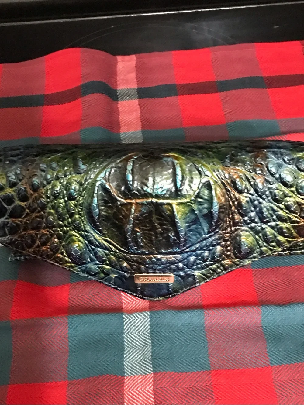Brahmin Iridescent Green Blue Croc-Embossed Envelope Clutch